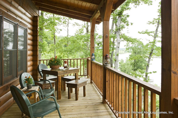 Exterior, horizontal, rear porch looking out to Greer's Ferry Lake, Alderson residence, Clinton, Arkansas, Honest Abe Log Homes