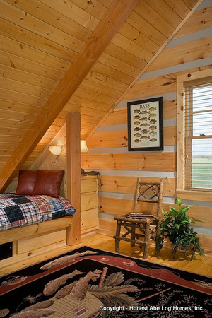 Interior, vertical, loft bunk room vignette, DeSocio residence, Henry, Tennessee, Honest Abe Log Homes