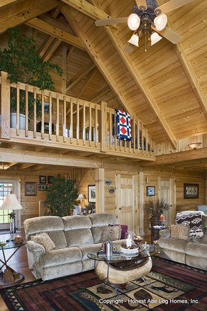 Interior, vertical, living room looking toward loft and entry, Swift residence, Honest Abe Log Homes, Allgood, TN