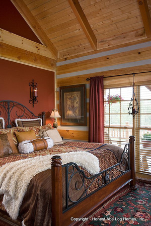 Interior, vertical, master bedroom, DeSocio residence, Henry, Tennessee, Honest Abe Log Homes