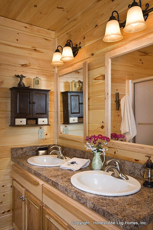 interior, vertical, master bathroom vanity vignette, Gilchrist residence, Monterey, Tennessee, Honest Abe Log Homes