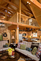Interior, vertical, living room toward kitchen and loft, Gilchrist residence, Monterey, Tennessee, Honest Abe Log Homes