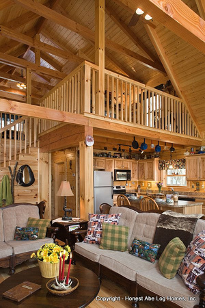 Interior, vertical, living room toward kitchen and loft, Gilchrist residence, Monterey, Tennessee, Honest Abe Log Homes