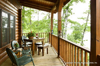 Exterior, horizontal, rear porch looking out to Greer's Ferry Lake, Alderson residence, Clinton, Arkansas, Honest Abe Log Homes