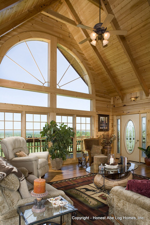 Interior, vertical, living room looking toward windows, Swift residence, Honest Abe Log Homes, Allgood, TN