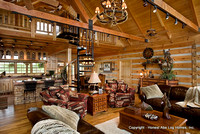 Interior, horizontal, overall living area looking toward kitchen and dining room, DeSocio residence, Henry, Tennessee, Honest Abe Log Homes