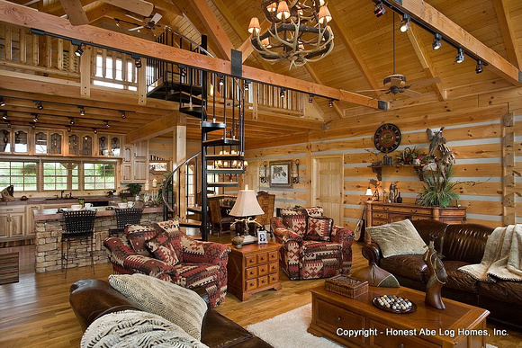 Interior, horizontal, overall living area looking toward kitchen and dining room, DeSocio residence, Henry, Tennessee, Honest Abe Log Homes