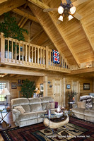 Interior, vertical, living room looking toward loft and entry, Swift residence, Honest Abe Log Homes, Allgood, TN