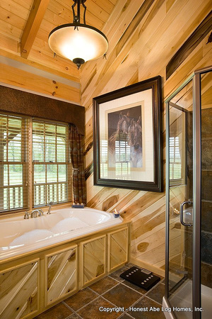 Interior, vertical, master bathroom toward tub and shower, DeSocio residence, Henry, Tennessee, Honest Abe Log Homes