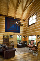 Interior, vertical, living room towards windows, Gros residence, Honest Abe Log Homes, Murfreesboro, TN