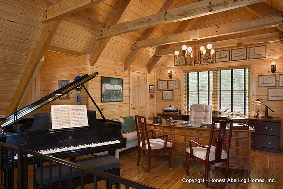Interior, horizontal, loft office with Steinway Grand Piano, Marshall residence, Grand Vista Bay, Rockwood, Tennessee, Honest Abe Log Homes
