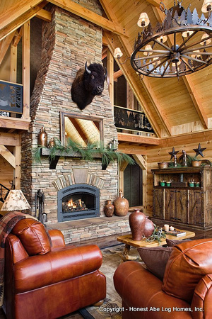Interior, vertical, living room toward fireplace, Wilson residence, Crossville, Tennessee; Honest Abe Log Homes