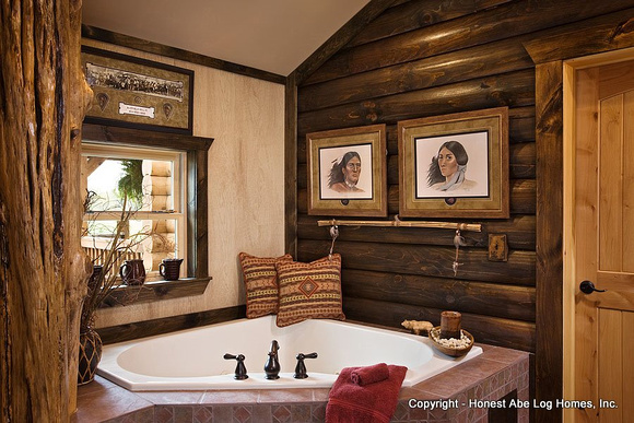 Interior, horizontal, master bathroom tub vignette, Wilson residence, Crossville, Tennessee; Honest Abe Log Homes