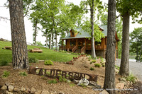 Exterior, horizontal, front elevation overall with fire pit, Alderson residence, Clinton, Arkansas, Honest Abe Log Homes