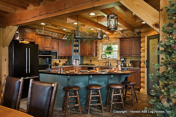 Interior, horizontal, kitchen, Wilson residence, Crossville, Tennessee; Honest Abe Log Homes