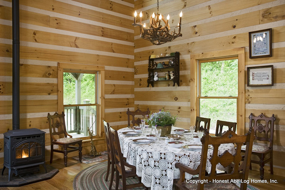 Interior, horizontal, dining room towards fireplace and windows, Gros residence, Honest Abe Log Homes, Murfreesboro, TN