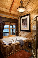 Interior, vertical, master bathroom toward bathtub and shower, DeSocio residence, Paris, Tennessee; Honest Abe Log Homes