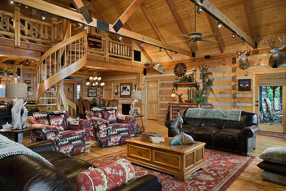 Interior, horizontal, living room toward entry and dining area, DeSocio residence, Paris, Tennessee; Honest Abe Log Homes